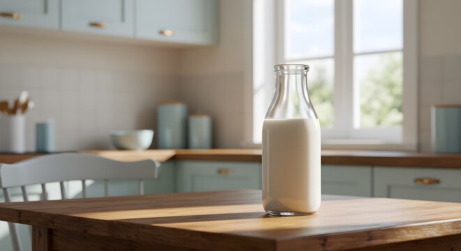 A kitchen setting with a wooden table showcases a glass bottle of milk illuminated by natural light in a simple composition