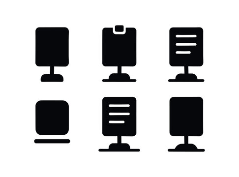 vector solid black filled icons dine in table setup (menu card holder): card outline stand clip menu text line shadow smear highlight rim table edge.