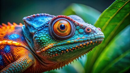 Fototapeta premium Vibrant Reptile Close-up A Detailed Look at the Scales and Striking Eye of a Colorful Lizard in Lush Foliage