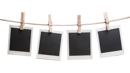 Four Blank Instant Photo Frames Hanging on a Rope &ndash; Isolated PNG Clipart on Transparent Background