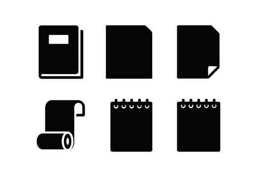 vector solid black filled icons charcoal pencil (art paper): heavyweight pad textured sheet toned gray smooth bristol newsprint roll spiral sketchbook.