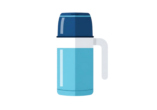 A light teal-colored insulated thermos with a dark-blue lid and white handle is depicted against a stark black background.