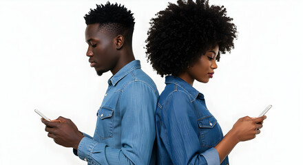 Young African American couple using smartphones back to back modern technology communication digital lifestyle connection social media internet