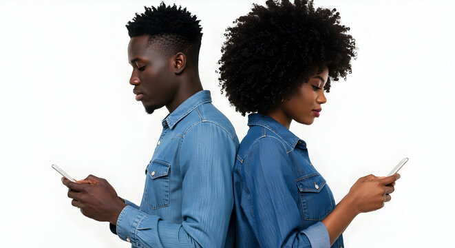 Young African American couple using smartphones back to back modern technology communication digital lifestyle connection social media internet