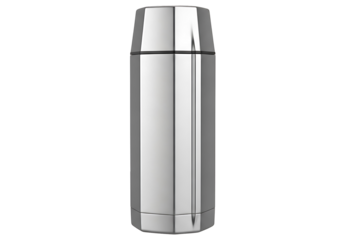 A polished, metallic thermos bottle, showcasing a sleek, modern design against a stark black backdrop.