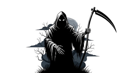 A grim reaper with a scythe stands in a dark landscape with a moon in the background and bare trees