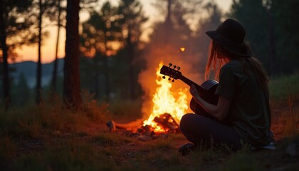 Woman plays acoustic guitar by campfire at sunset. Silhouette against flames, enjoying nature, park setting. Relaxing evening music, melody, song creation.