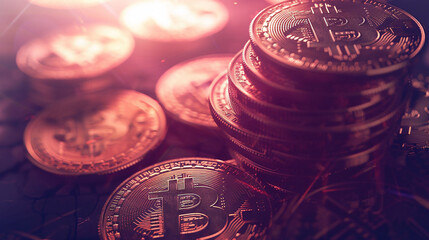 A detailed close-up of stacked Bitcoin coins and various other digital currencies, symbolizing the decentralized world of virtual finance, investment, and the evolving landscape of modern economy.