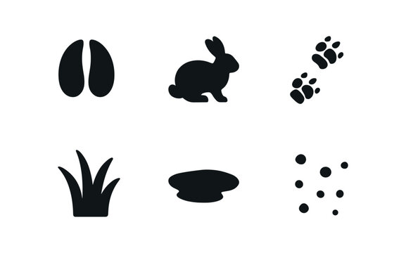 vector solid black filled icons grassy knoll (animal tracks): hoof print rabbit silhouette fox trail grass tuft shadow smear ground speck.