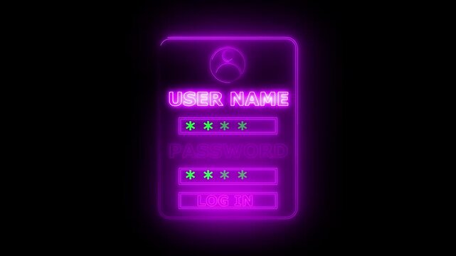 Neon User-name and password fields icon animation.Includes fields for account creation, user ID, password, identity verification..4k
