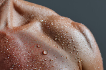 Fototapeta premium Wet skin with water droplets on shoulder close up showing texture and moisture on smooth skin surface in realistic detailed macro shot
