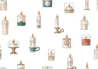 A decorative pattern showcasing various candle designs on a black backdrop, featuring simple, elegant illustrations of candles in different holders, with warm tones and a peaceful mood.
