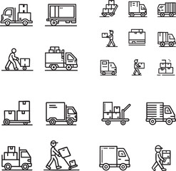 Fototapeta premium Collection of simple line art icons representing delivery trucks and couriers in a minimalist silhouette style