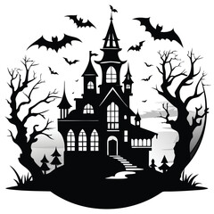 Silhouette of a Haunted Castle Surrounded by Bats and Spooky Trees Against Moonlight Sky