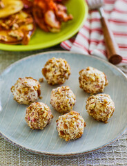 bacon maple pancake balls made with cream cheese and chopped nuts