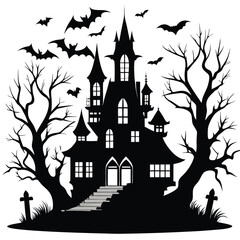 Silhouette of Haunted House with Bats, Dead Trees, and Tombstones Halloween Theme