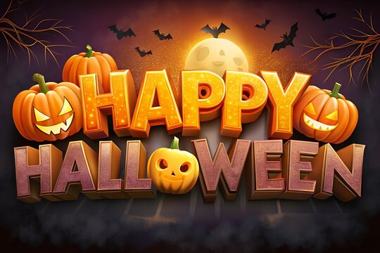 Spooky happy halloween text with carved pumpkins and bats under a full moon