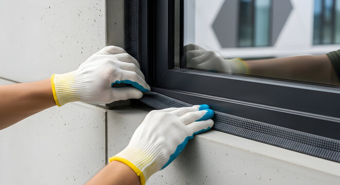 Professional window installation sealing process close up view of hands carefully applying sealant to ensure a perfect weatherproof fit for energy