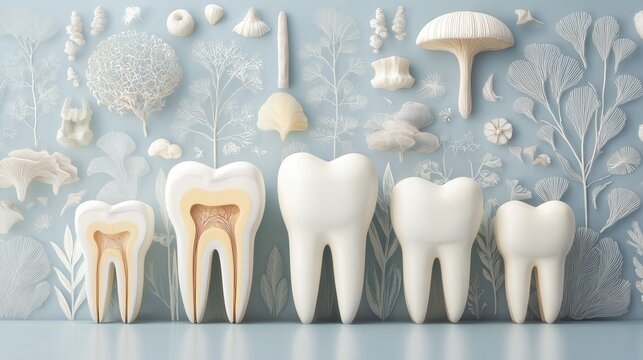 Dental models with botanical background showing tooth anatomy.
