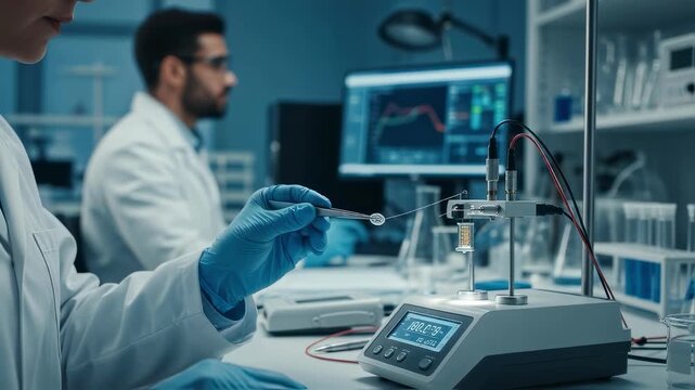 Researchers examining the electrical conductivity of microbattery coatings deposited on experimental smart contact lens prototypes.