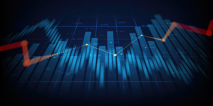 financial chart with uptrend line candlestick graph in stock market on blue color monitor background