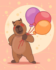 Funny cartoon capybara with colored balloons. Сapybara illustration for postcard, stickers, greeting card, invitation card, birthday party invitation, poster