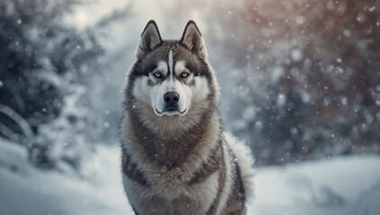 Siberian husky stands tall in snowstorm with piercing blue eyes
