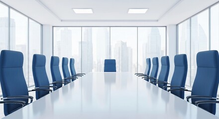 Empty corporate boardroom with blue chairs ready for business meeting