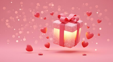 Fototapeta premium Sparkling Pink Gift Box with Glowing Light & Floating Hearts on Romantic Background