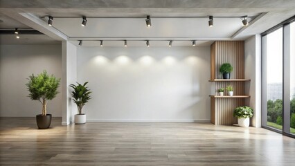 Fototapeta premium Modern minimalist interior design with empty wall space, track lighting, and potted plants
