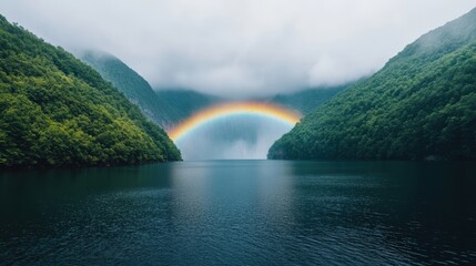 Scenic view of a rainbow rising over a lake surrounded by lush green mountains and a mystical fog