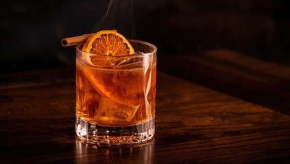 Smoky citrus mezcal cocktail glows warmly with seared orange and cinnamon garnish