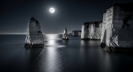 Moonlight illuminates the chalk cliffs at night