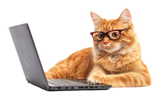 Cat wearing glasses using laptop on white background,png