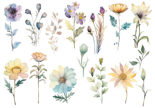 Vector watercolor painted style - flowers clipart isolated on white background.