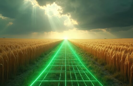 Golden wheat field stretches to horizon under dramatic sky with sunbeams breaking through clouds. Futuristic green grid overlay creates digital path through rural landscape, blending agriculture with - Powered by Adobe