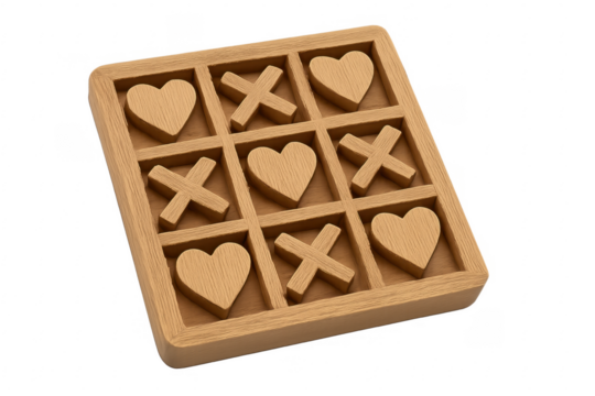 Wooden tic-tac-toe game with hearts and crosses on transparent background