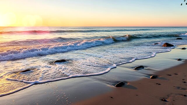 Gentle ocean waves crash on sandy shore during golden sunset glow. Seamless looping time-lapse animation video background