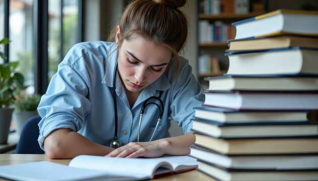 Workaholic hospital tired intern leaning on pile of textbooks while typing notes, exhaustion visible, photo realistic style, high resolution, clear composition