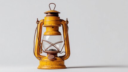 Vintage yellow kerosene lantern isolated on light background.