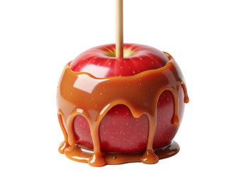 A delectable caramel-coated , dripping with sweet caramel sauce, stands out against a stark black backdrop.