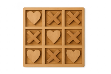 Wooden tic-tac-toe game board with hearts and crosses on transparent background