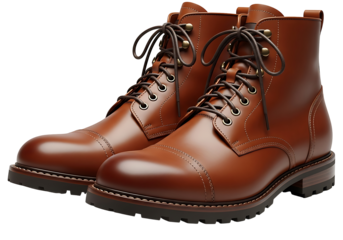 Two polished brown leather boots with strong stitching and durable soles are displayed against a black backdrop.