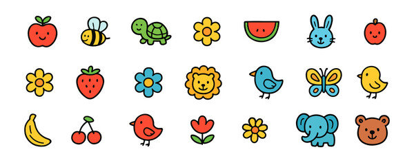 A set of colorful, trendy shapes in a childish, hand-drawn style. A collection of modern, flat cartoon images. Exotic tropical fruits and animals decorated on an isolated white background.