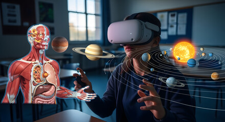 A student wearing virtual reality headsets explores an interactive 3D model of the human body or a solar system. The physical classroom is subtly visible in the background.