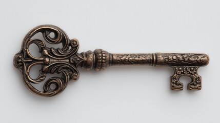 Antique bronze ornate key isolated on light background.