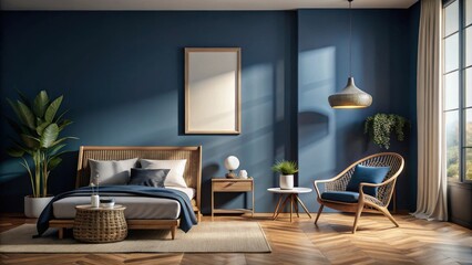 Fototapeta premium Serene Bedroom Interior Design with Natural Light and Woven Furniture
