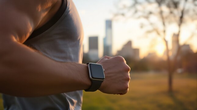 Modern Smartwatch Fitness Tracker: Man Running at Sunset