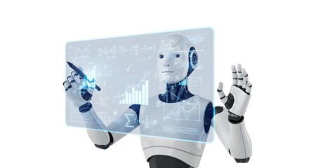 Humanoid educational robot writing on floating holographic chalkboard, futuristic learning assistant concept, pure white background.
