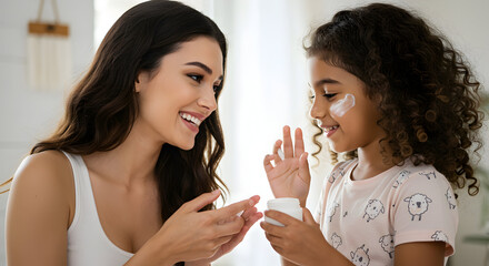 Mother and daughter bonding skincare routine happy family healthy skin beauty care morning ritual